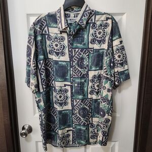Vintage Abstract Geometric Tribal Print Button Up Short Sleeve Shirt Sz M